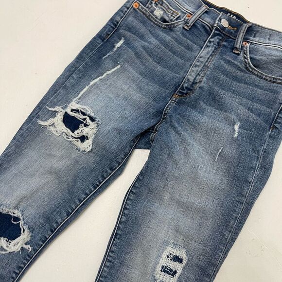 GAP high waisted rise true skinny raw hem distressed patch denim blue jeans 26 - Picture 9 of 11